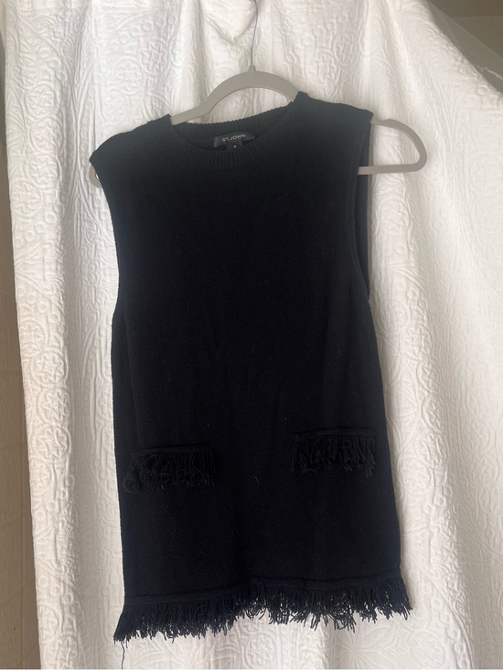 St. John Tops - St. John Black Sleeveless Fringe-Trim Knit Top